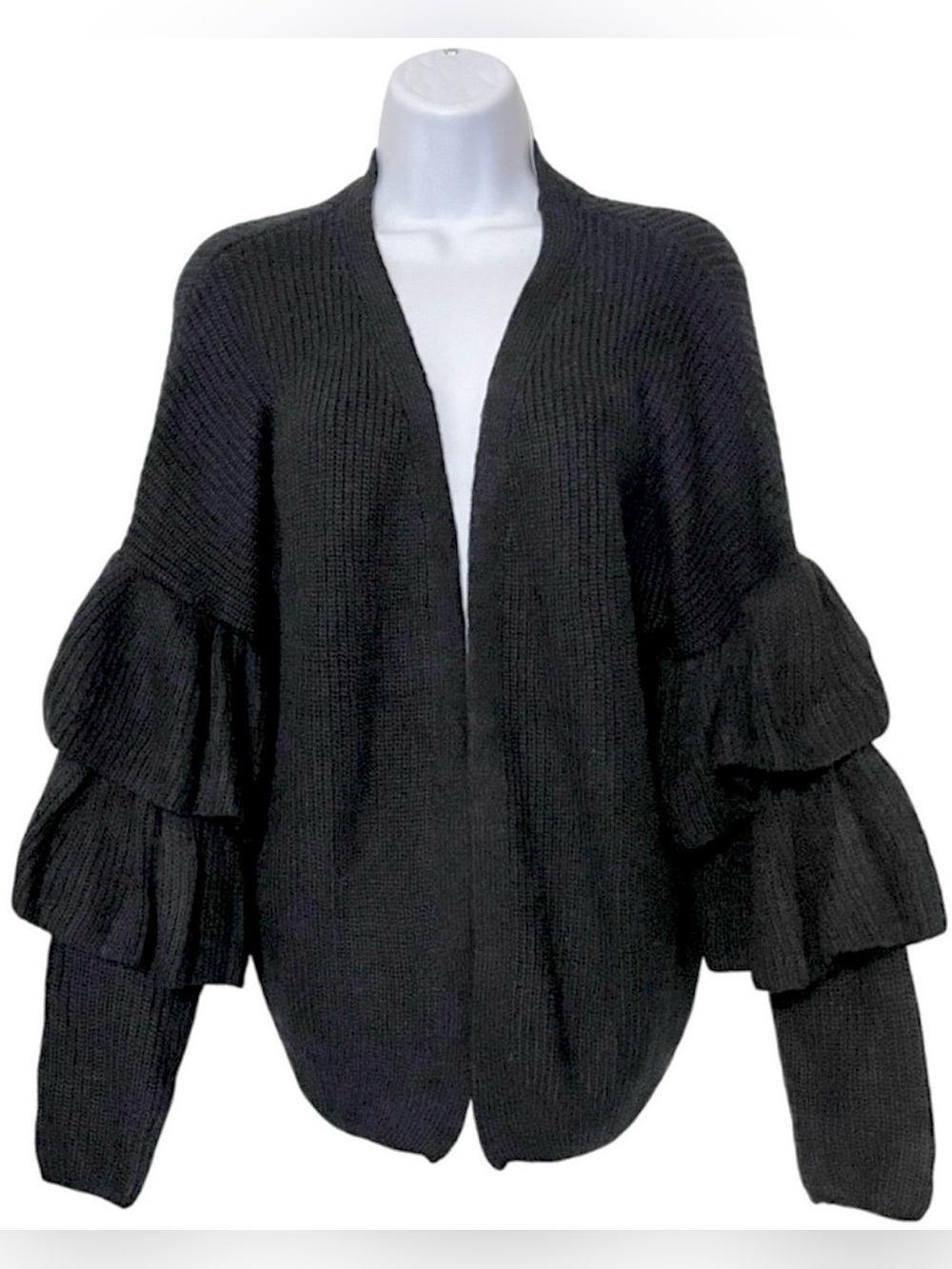 New Mode Usa Women Black Ruffled-Sleeve Open Front Cardigan Sweater Size S/M